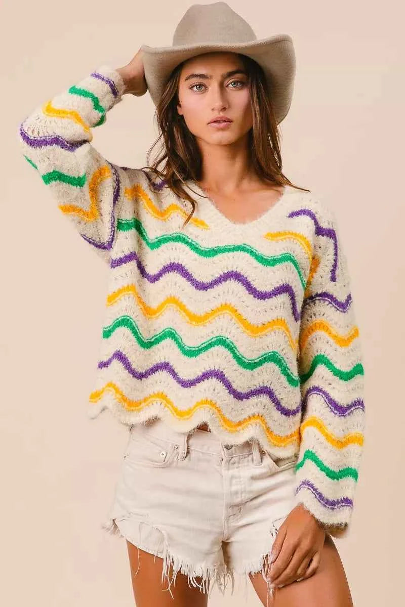 BiBi Mardi Gras Wavy Stripes V-Neck Sweater c8180e801be44b16a31cc5312e291b9e-Max-Origin