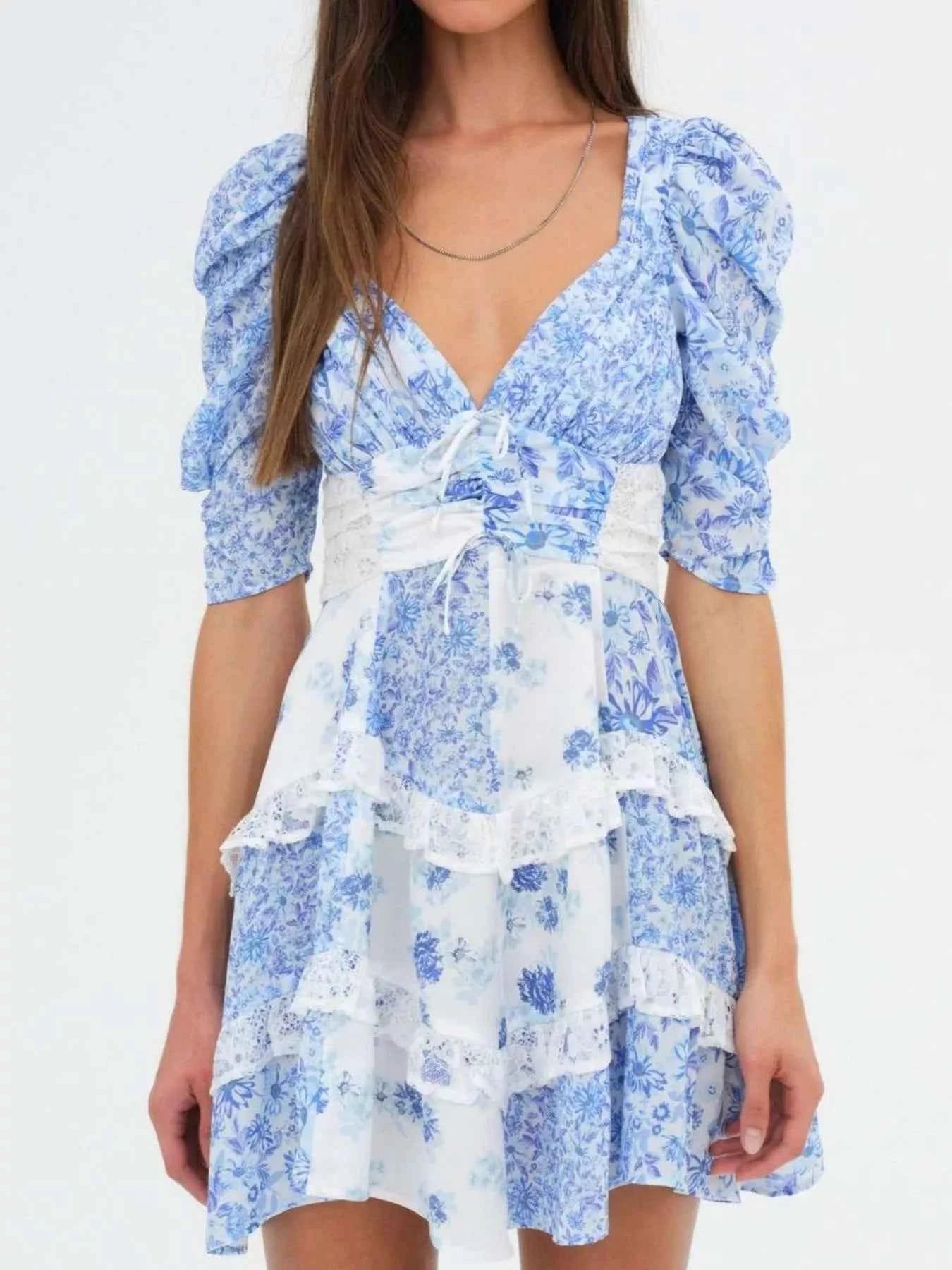 Ruffled Floral Print Half Sleeve Dress Sky Blue c820cc99-6f78-4ebe-9fa8-0a8695f15c77-Max-Origin