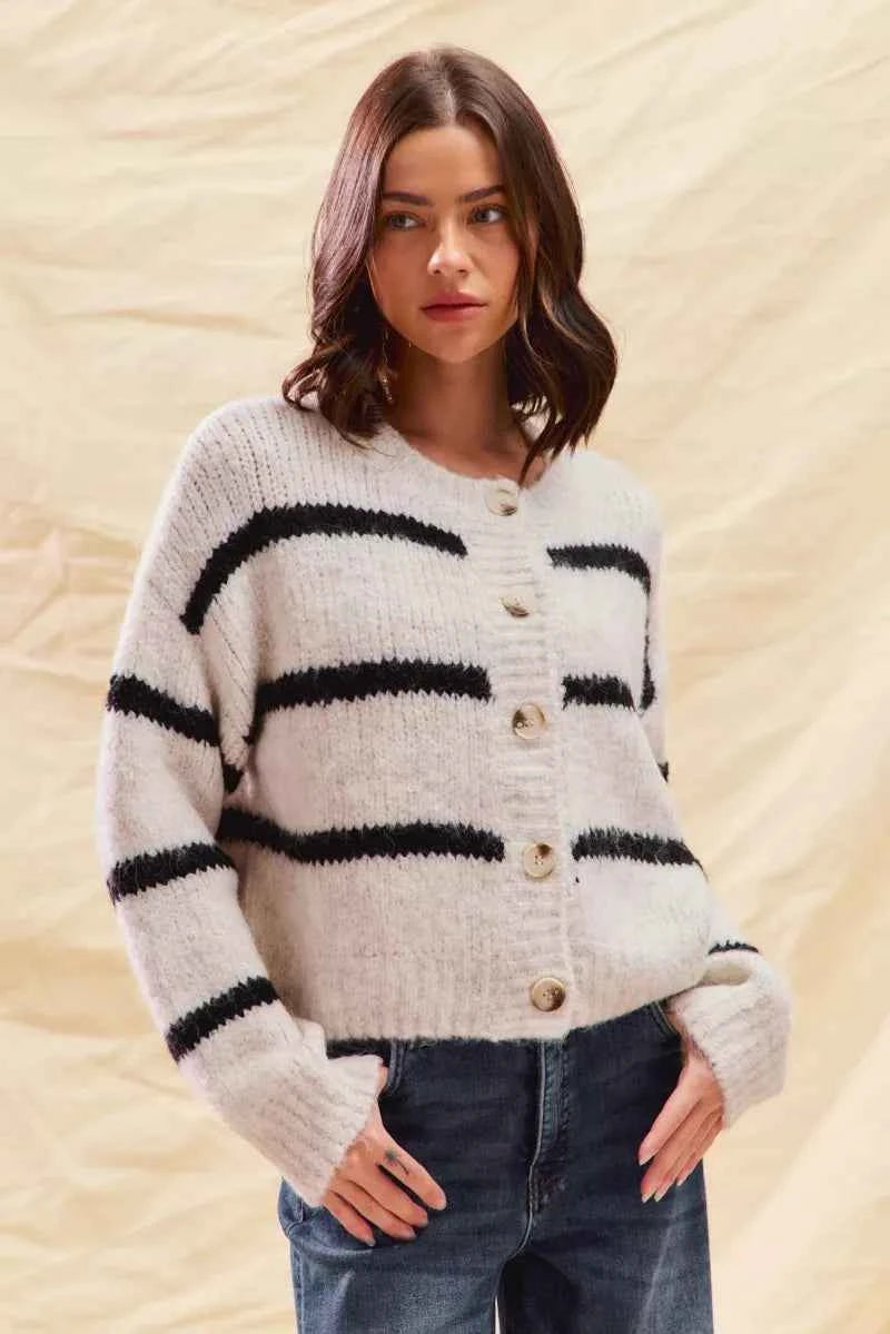 SO ME Stripe Soft Touch Button Cozy Sweater Cardigan MELANGE BLACK c82334909ecf41d8916a9bfcd6ce1c70-Max-Origin