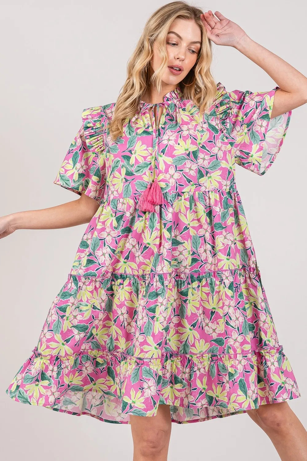 SAGE + FIG Floral Ruffle Short Sleeve Dress Pink c823ee46-ef02-4b7d-a7cc-e344bbf8c3ed-Max
