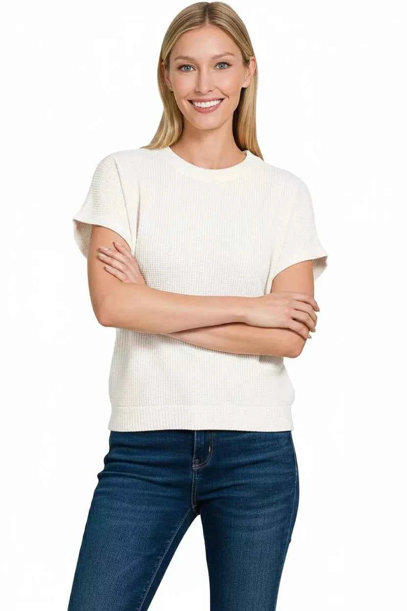 Zenana Round Neck Banded Botton Short Sleeve Sweater c827b3c6-a0c1-40e2-b78e-e5ce1023edce-Max-Origin