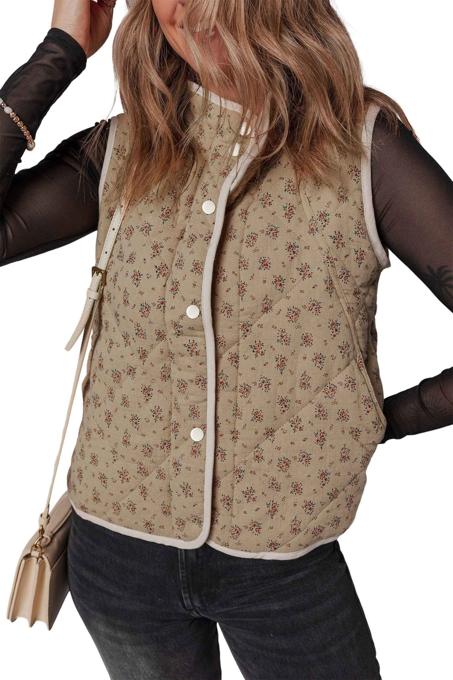 Khaki Floral Print Quilted Concealed Button Vest c82ae21a871a987f