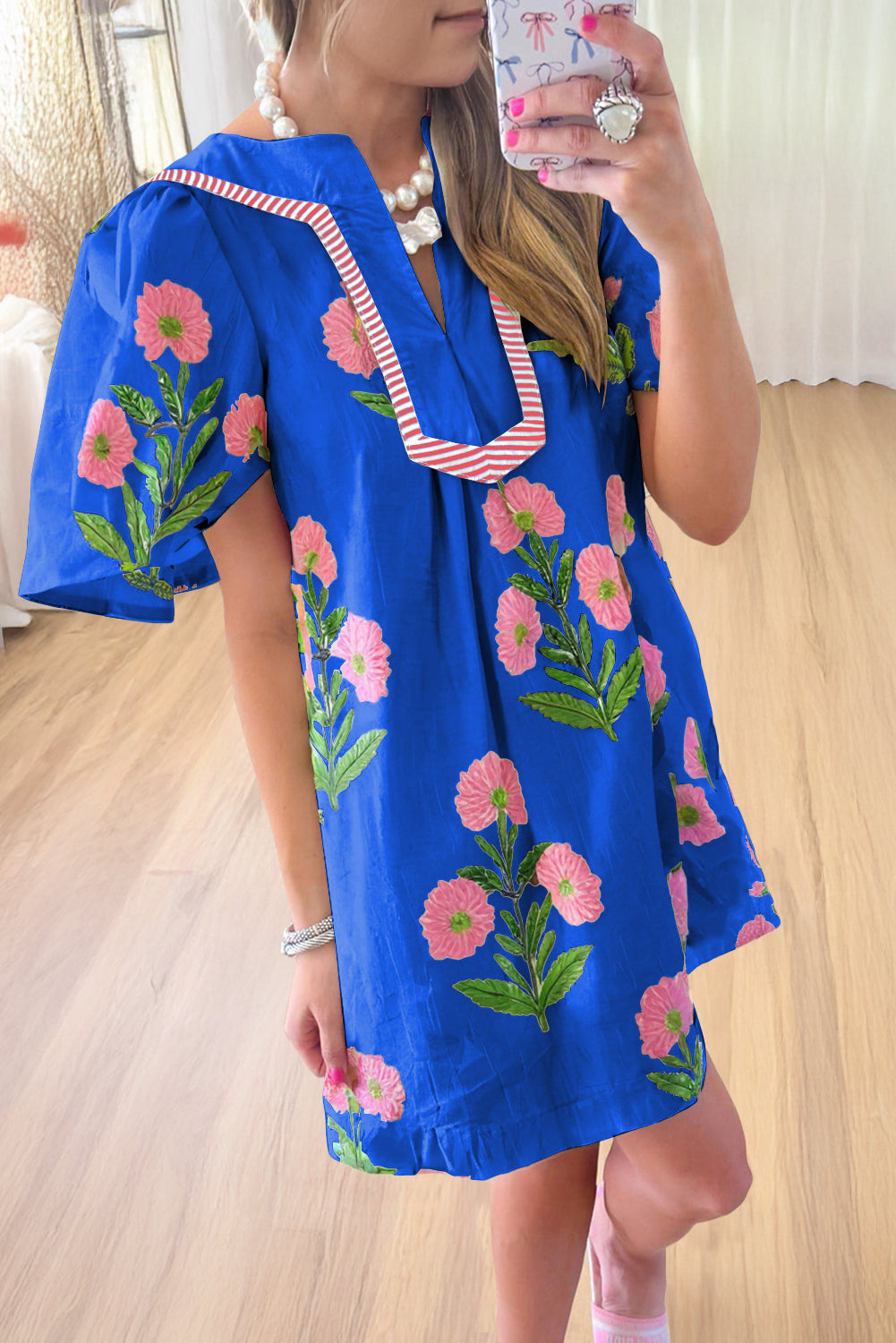 Blue Striped Trim Short Sleeve Split Neck Floral Mini Dress Blue c82d2d8787082e30