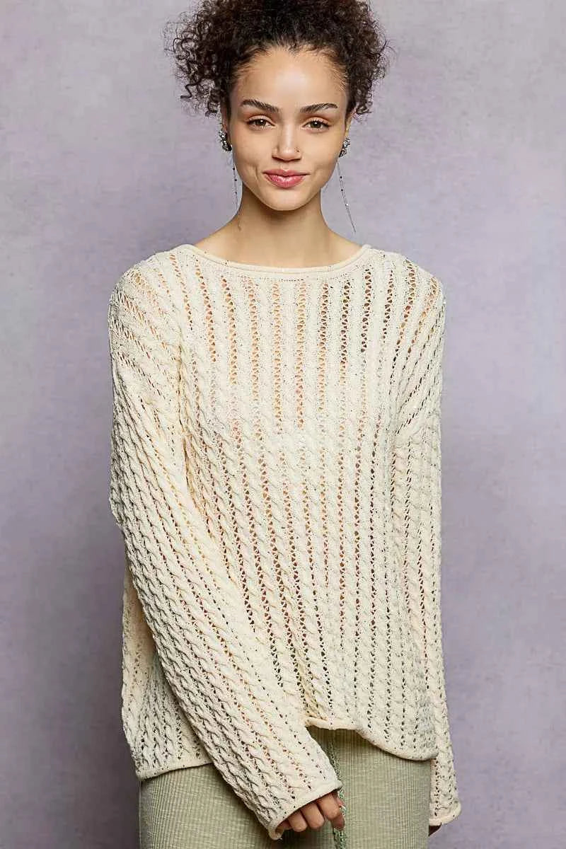 POL Openwork Round Neck Knit Top with Shiny Detail NATURAL c8360730-9ad0-4e9b-8504-6b7b9346a0d0-Max-Origin