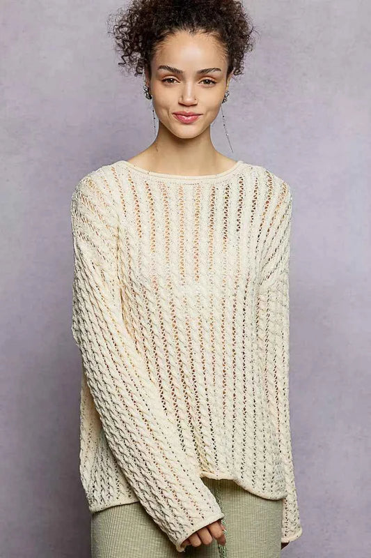 POL Openwork Round Neck Knit Top with Shiny Detail NATURAL c8360730-9ad0-4e9b-8504-6b7b9346a0d0-Max-Origin
