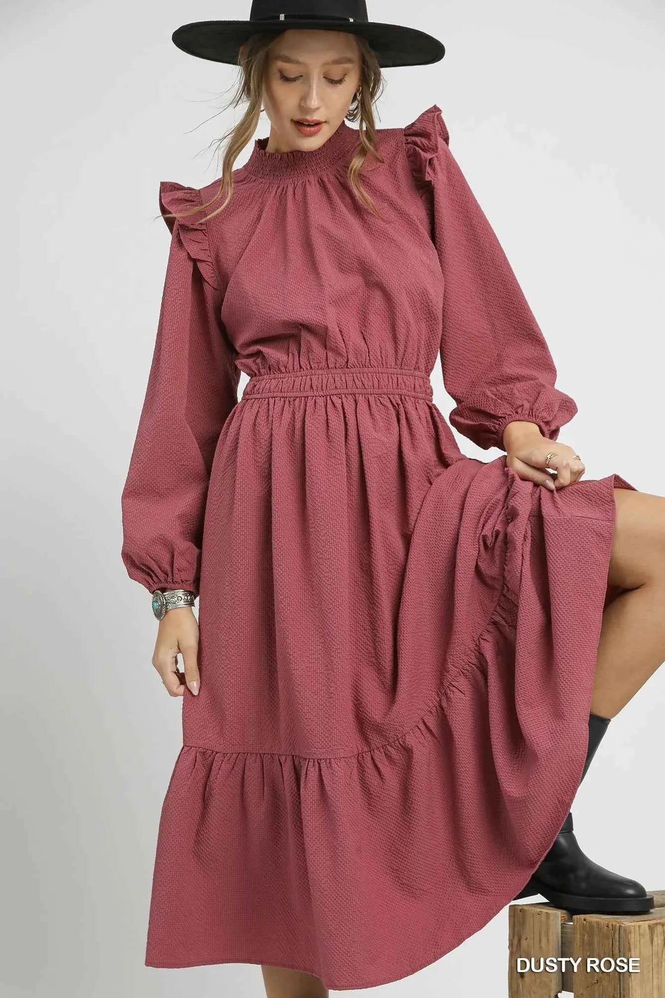 Umgee Textured Midi Dress with Ruffle Shoulder Detail DUSTY ROSE c8365a60-7caa-4eda-bc50-cc0be422ce85-Max-Origin