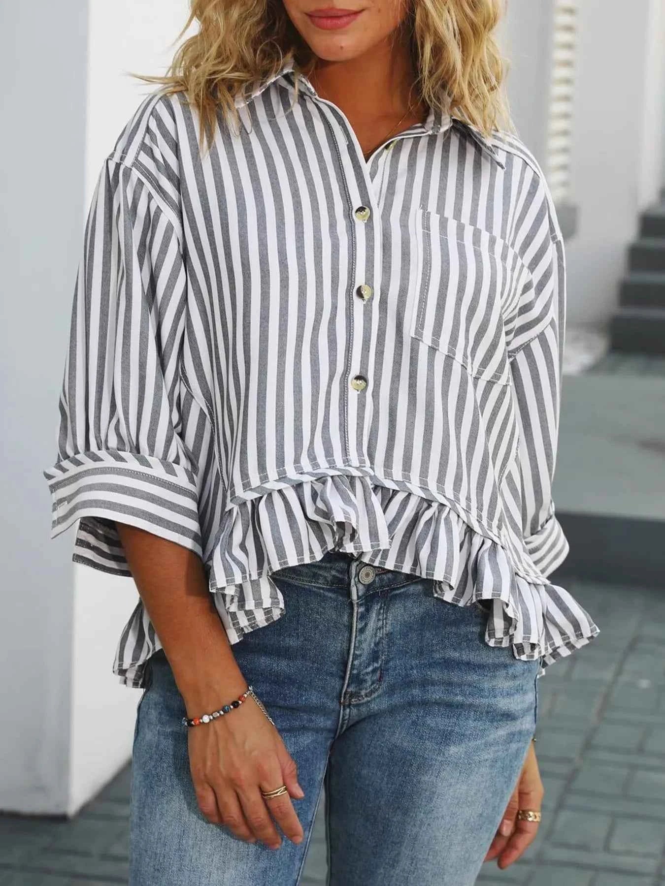 Striped Ruffle Hem Button-Up Shirt Black c83bc4a74441447797ea6267d2d885fa-Max-Origin