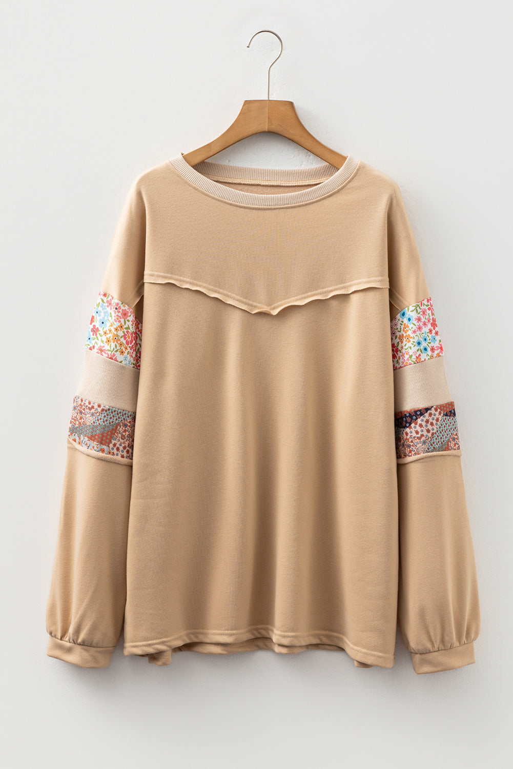 Khaki Exposed Seam Floral Mixed Patchwork Plus Size Top c83bc8a9dffffa9d