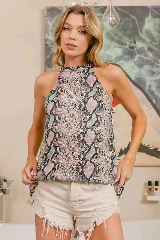 BiBi Snakeskin Print Low Gauge Knit Halter Neck Top c83c8f28b27d40b99be9c49dae4553a0-Max-Origin
