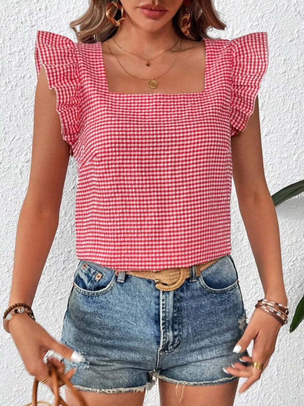 Gingham Ruffle Sleeve Square Neck Blouse c849d151-ac97-4710-9a21-9256408ebd54-Max-Origin