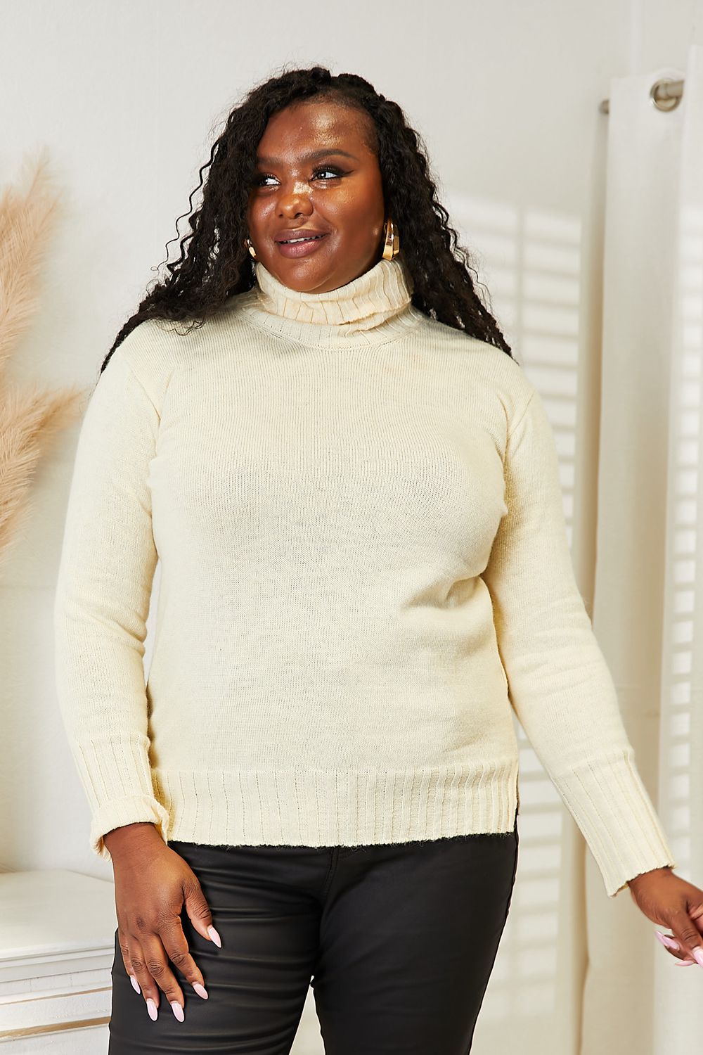 Heimish Full Size Long Sleeve Turtleneck Sweater with Side Slit Cream c84da094244b4932b0d3b82c85952e5e-Max