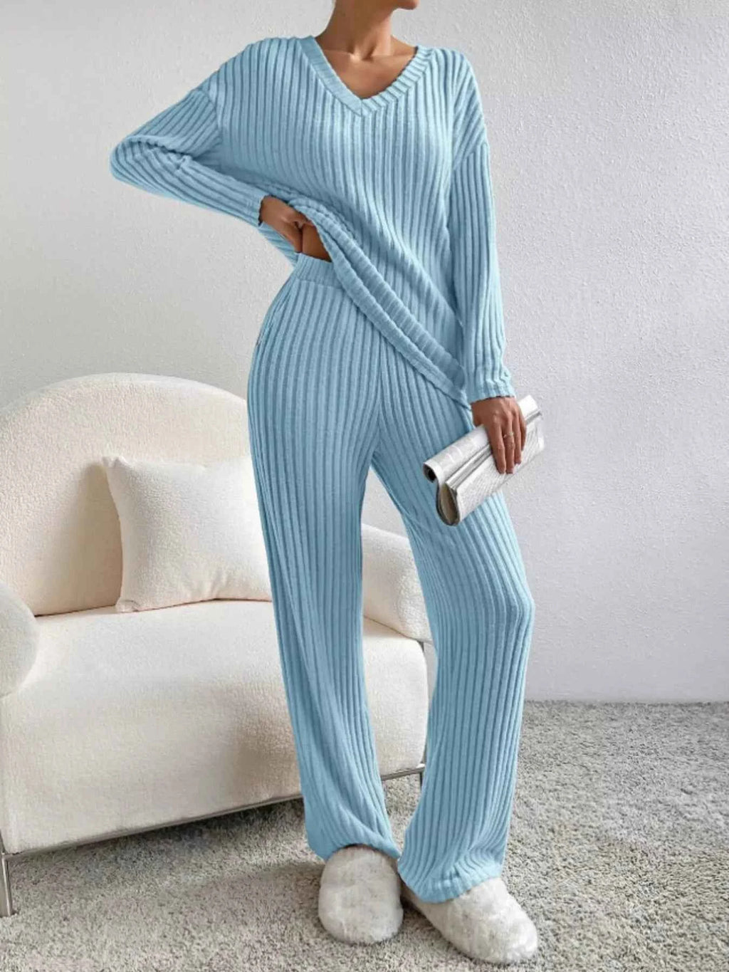 Ribbed V-Neck Top and Pants Set c84e2fb99af04a2e884f8c6be850833a-Max-Origin