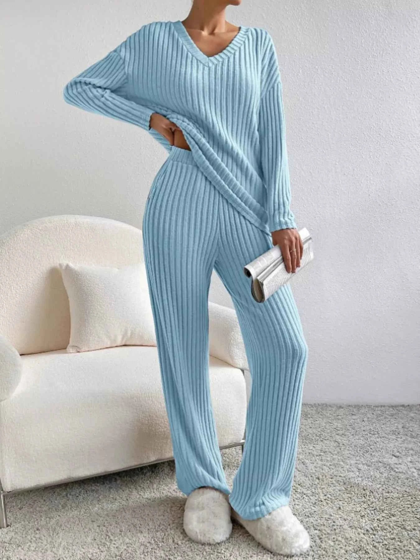 Ribbed V-Neck Top and Pants Set c84e2fb99af04a2e884f8c6be850833a-Max-Origin