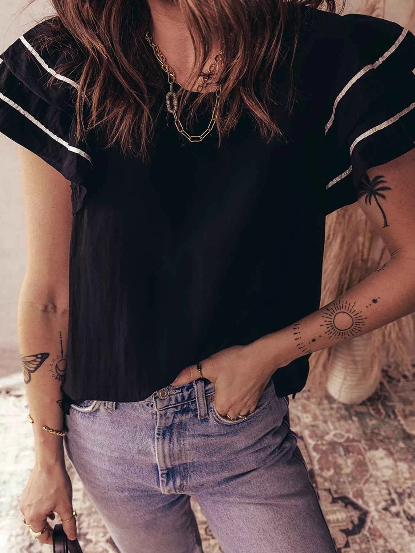 Contrast Trim Dual Ruffle Short Sleeve Textured Blouse c8547a664eb5447d8a1de7b087ceeb38-Max-Origin