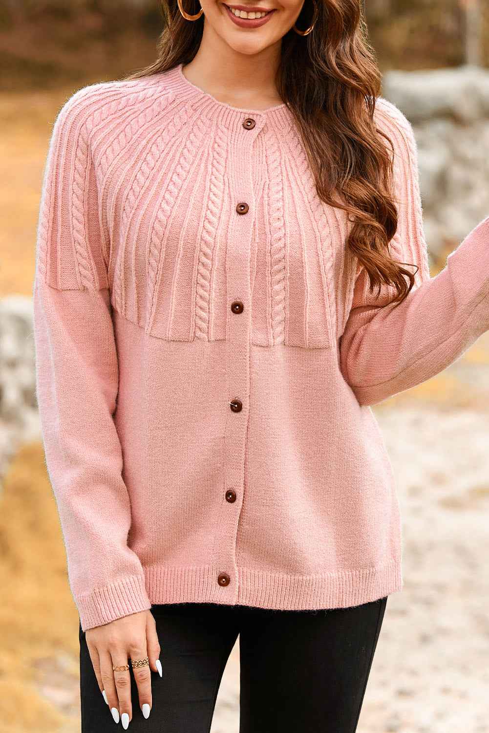 Light Pink Solid Color Textured Detail Button Down Long Sleeve Sweater Cardigan c85eed50e9a756dc