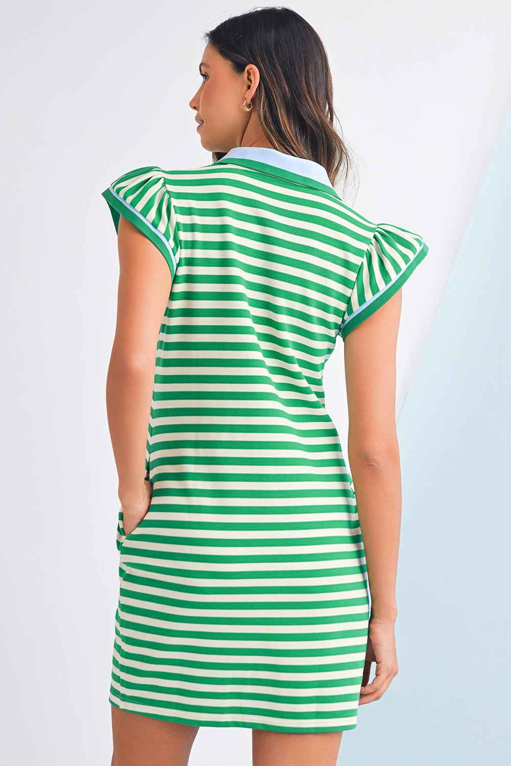 Dark Blue Striped Ruffle Short Sleeve Pop of Color Neckline Dress c86373f4dd3a8eeb