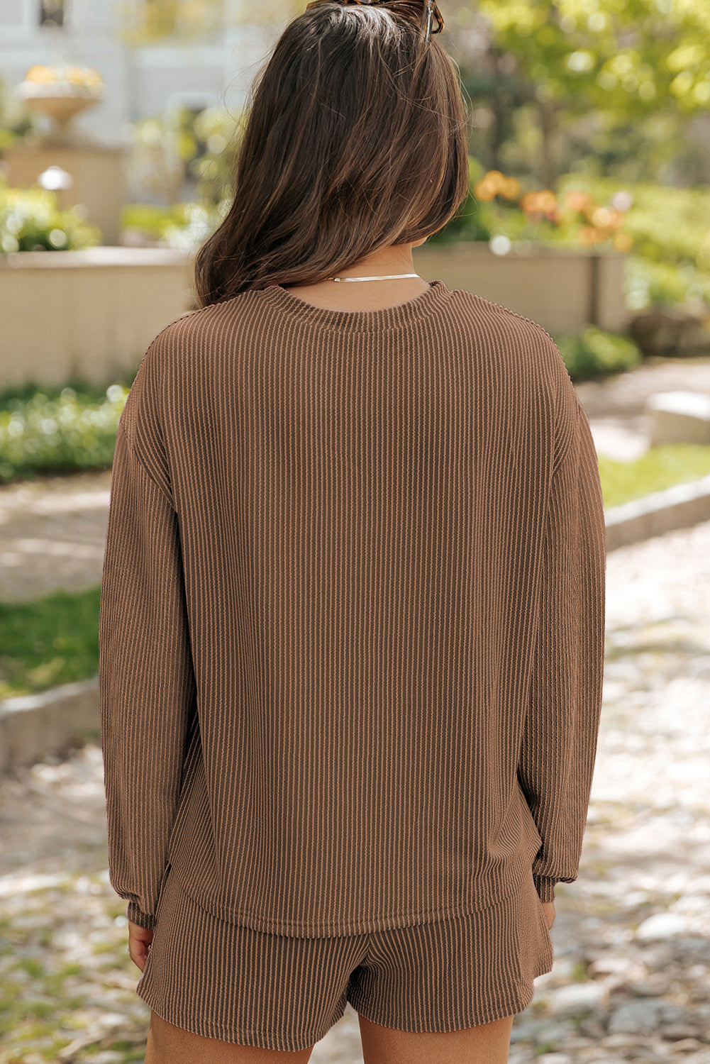 Chestnut Twisted Ribbed Mallard Duck Sequins Patch Long Sleeve Top and Short Set c8644bb3aebb1a89