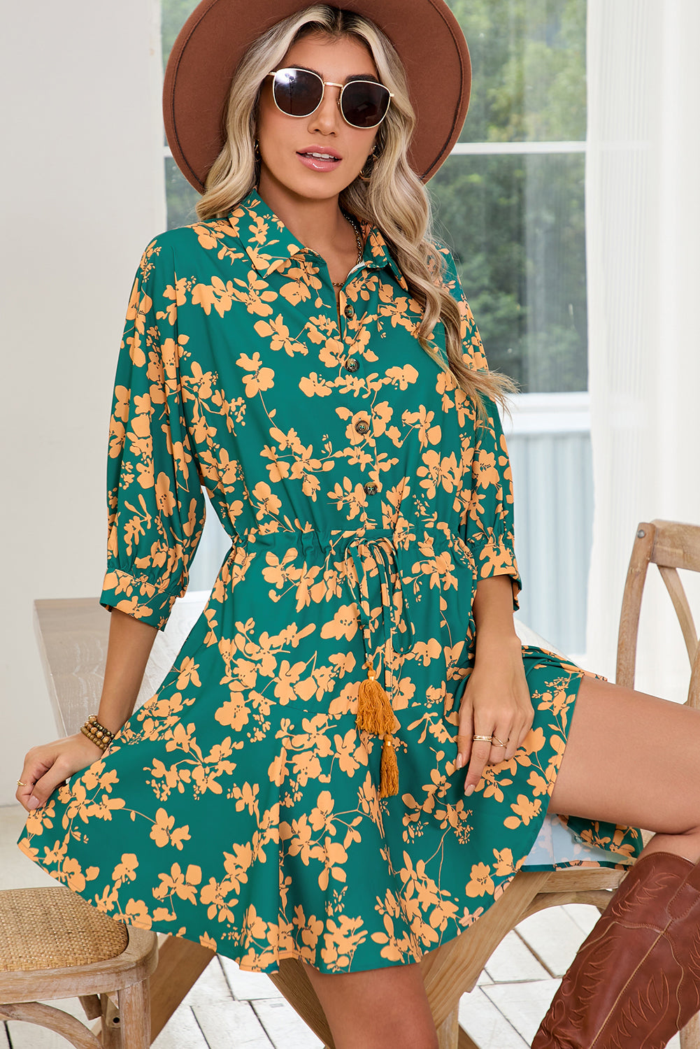 Green Floral Print Drawstring Flowy Short Dress c8664639a48d3201