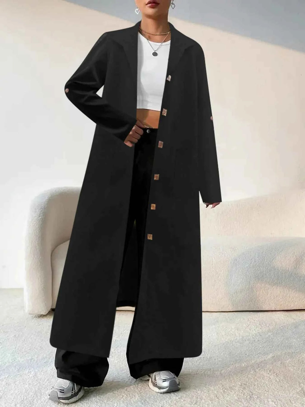 Lapel Collar Button-Front Longline Coat
