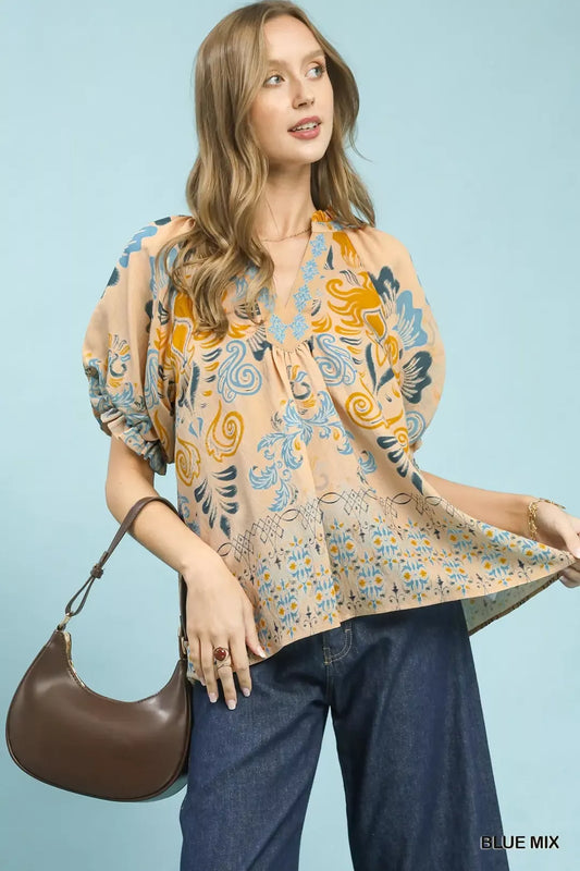 Border Print Puff Sleeve V-Neck Blouse BLUE MIX c875b5d1-3fe4-418a-8edc-eb70a2a4e8c4-Max-Origin