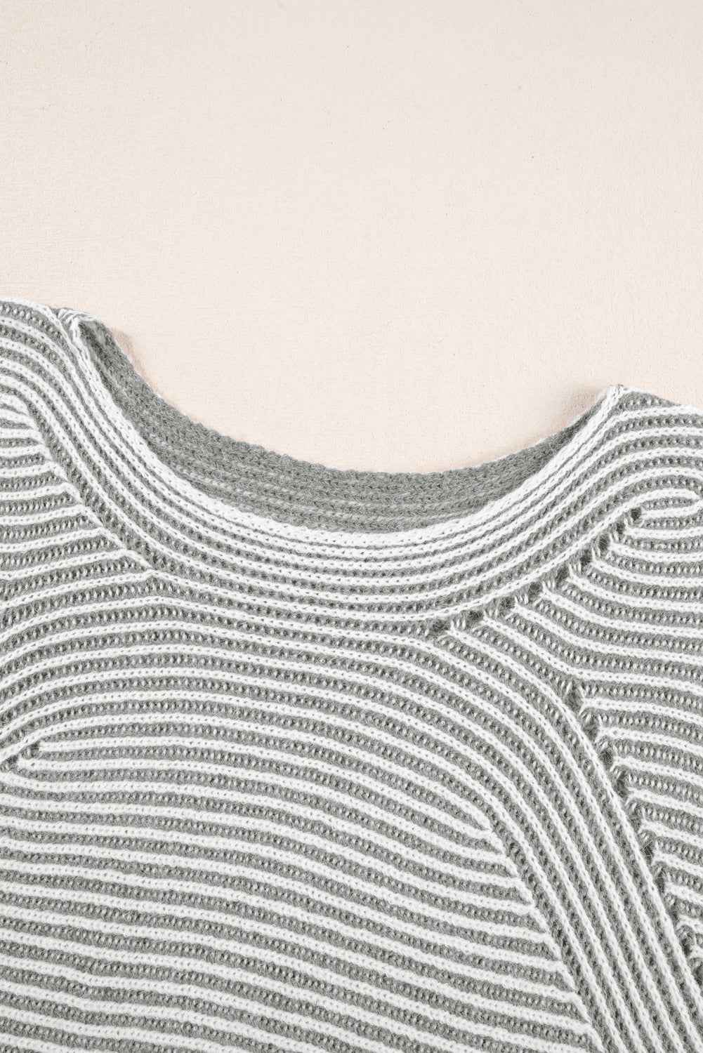 Light French Beige Striped Print Ribbed Knit Raglan Sleeve Baggy Sweater c8766627a3085116