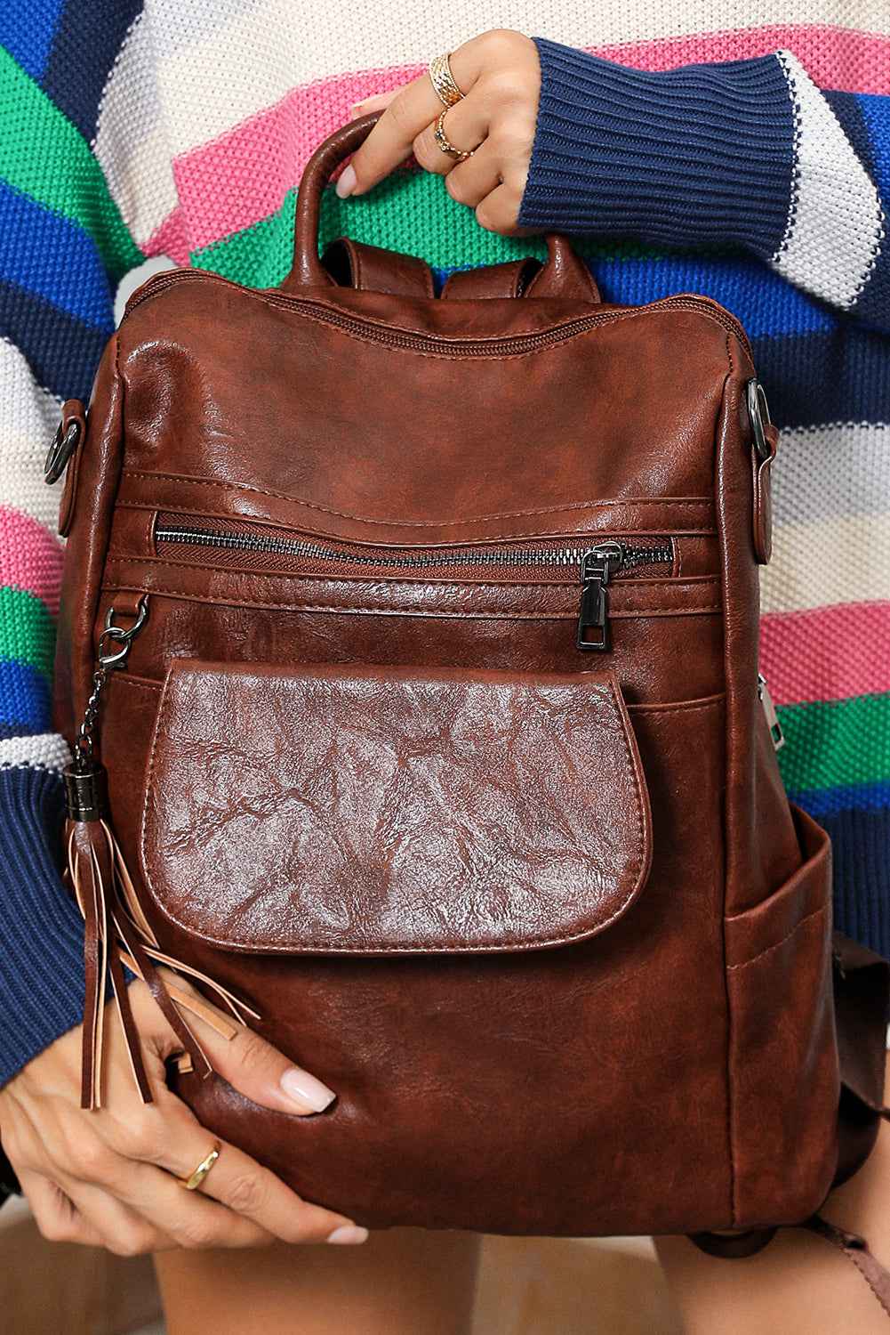 Dark Brown Tassel Decor Retro PU Large Capacity Backpack c87873a736cd69d2