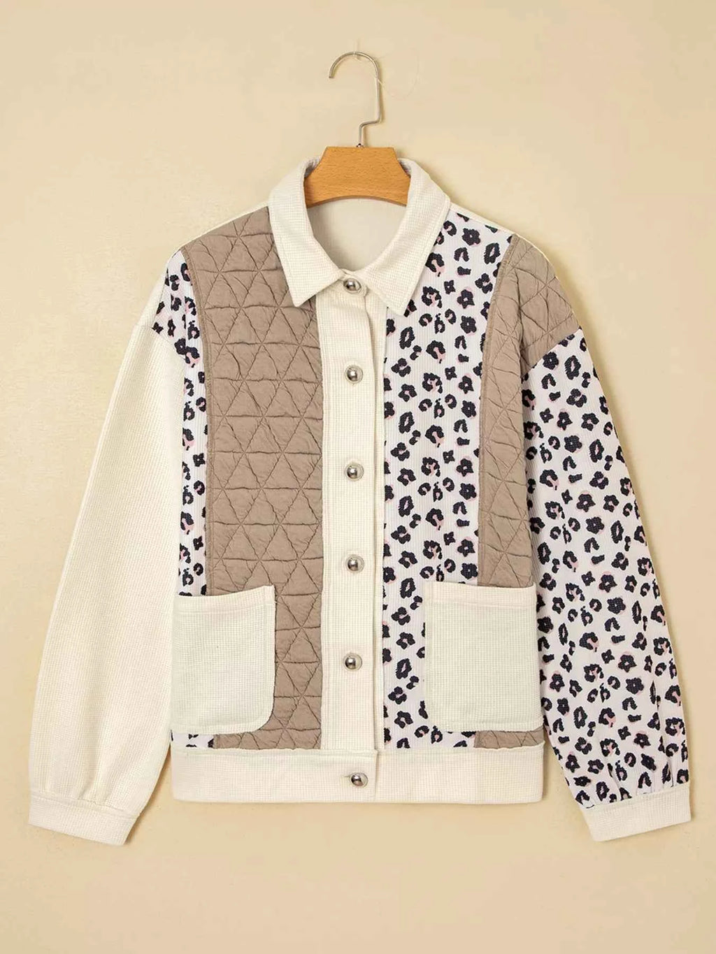 Leopard Waffle Quilted Patchwork Button Front Jacket c8794a8ffddb484abbbdb3f3b7b40289-Max-Origin