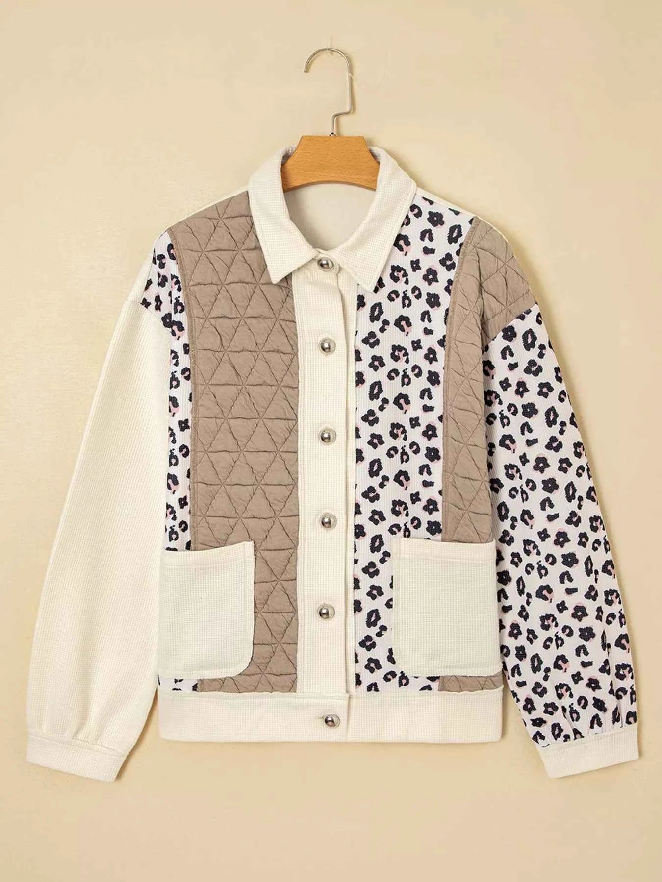 Leopard Waffle Quilted Patchwork Button Front Jacket c8794a8ffddb484abbbdb3f3b7b40289-Max-Origin