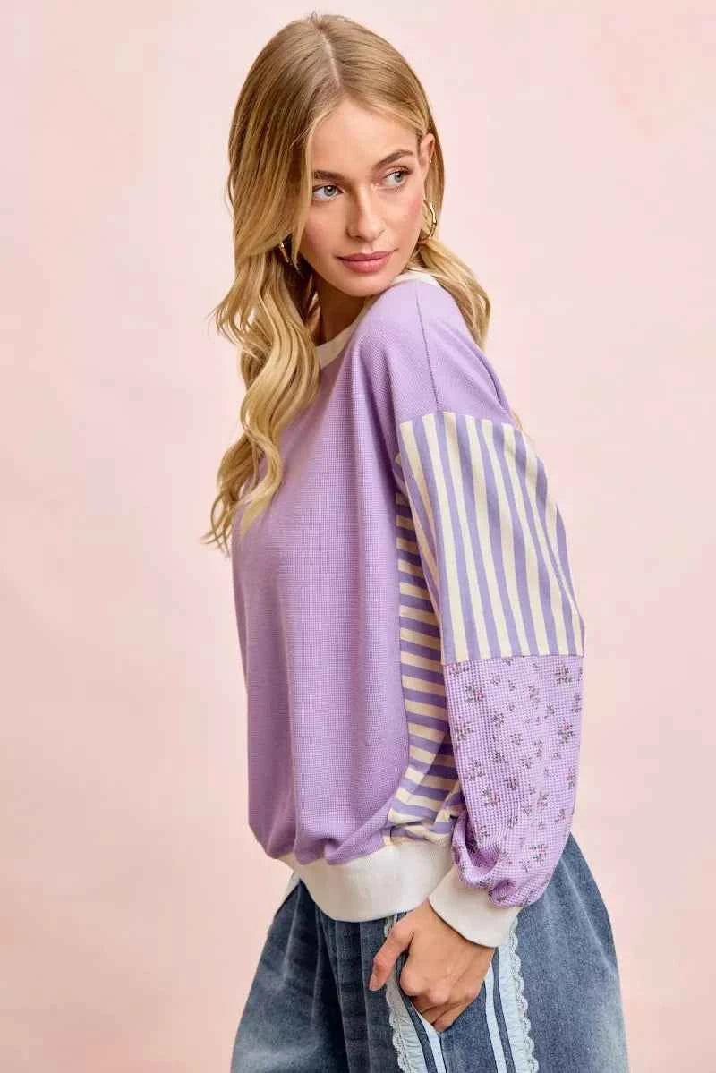 BiBi Mix and Match Sweatshirt with Floral Sleeve Striped c8800248498446dfab60f80a734e0f0e-Max-Origin
