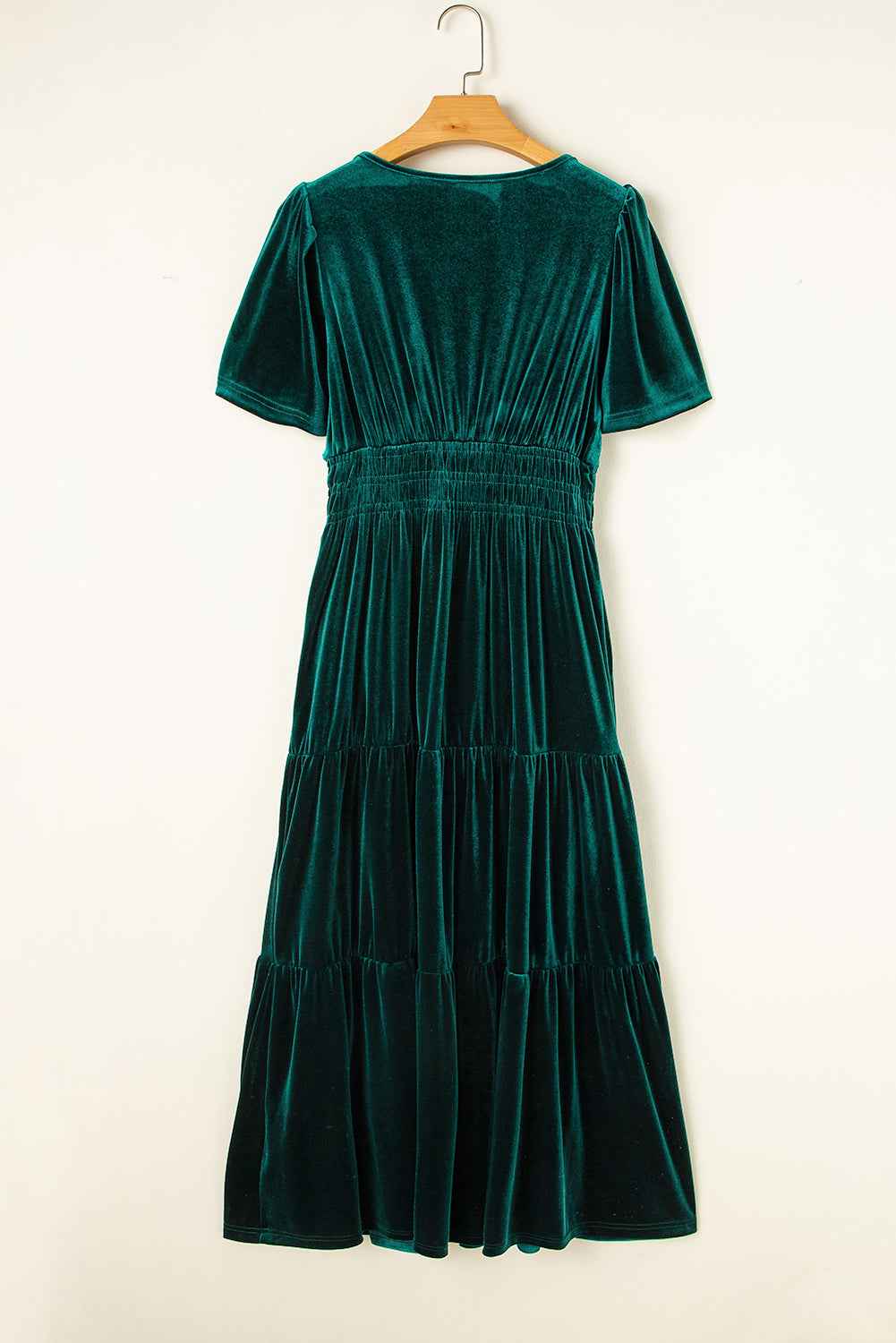 Prussian Blue Velvet Short Sleeve Shirred Waist Tiered Maxi Dress c883fd94672478f8