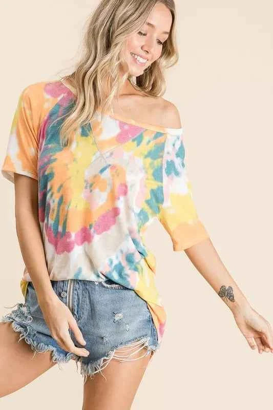 BiBi Tie Dye Print Short Sleeve T-Shirt with Raglan Sleeves c88ec7c092514ba1bcf61e5662327e00-Max-Origin