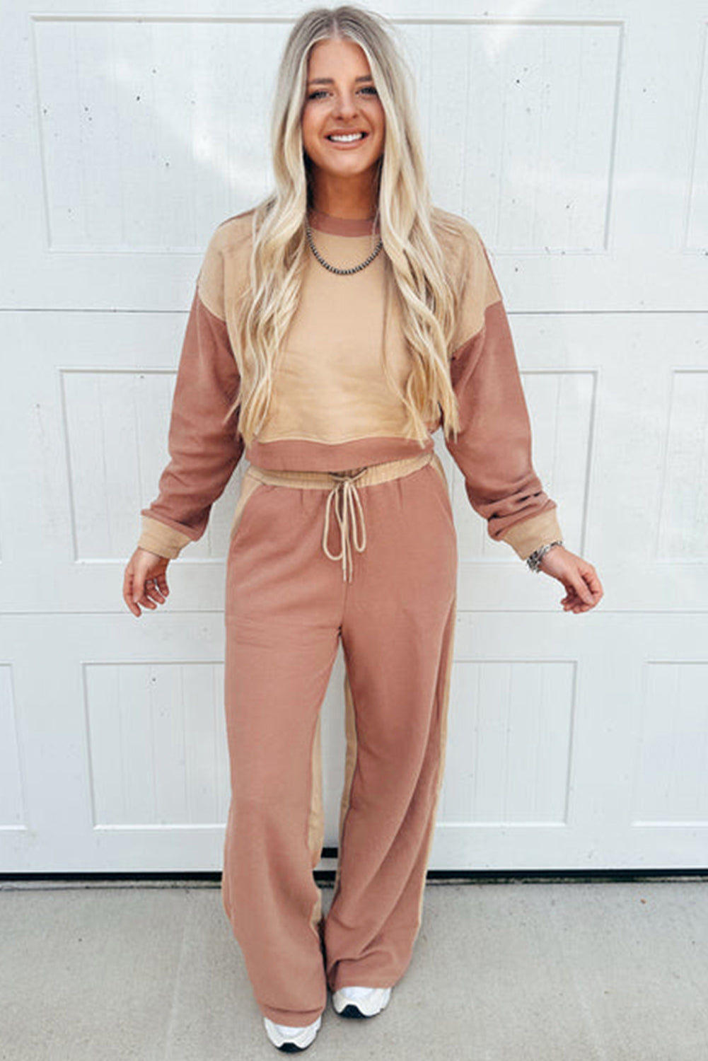 Khaki Color Block Long Sleeve Crop Top Drawstring Pant Set c890ca2532497a8c