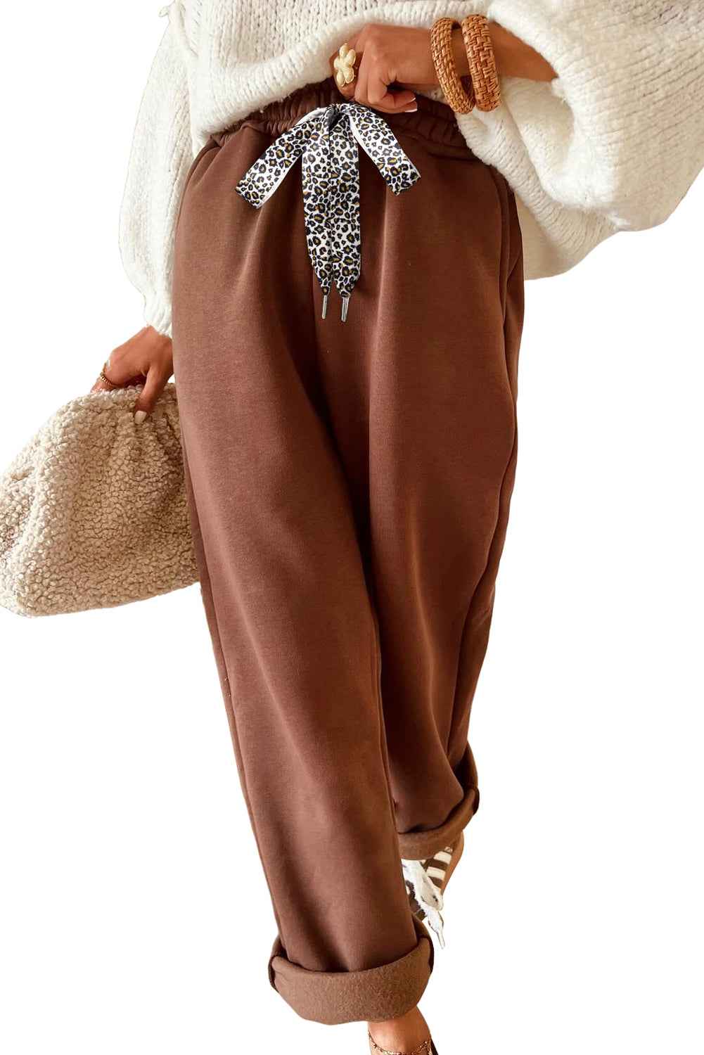 Oatmeal Fleece Lined Leopard Drawstring Elastic Waist Solid Pants c8948d0e8b8ad4ad