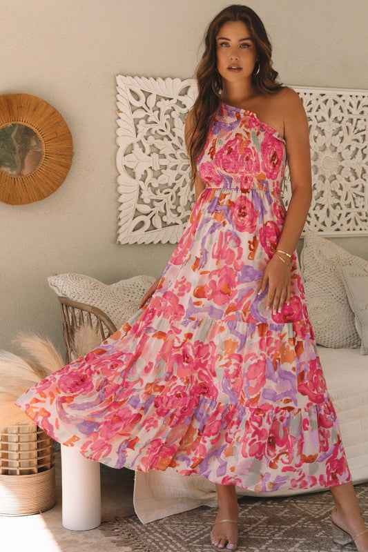 Abstract Floral One-Shoulder Shirred Maxi Dress Pink c89a5d14-858a-42f4-8f03-0ec515c594a5