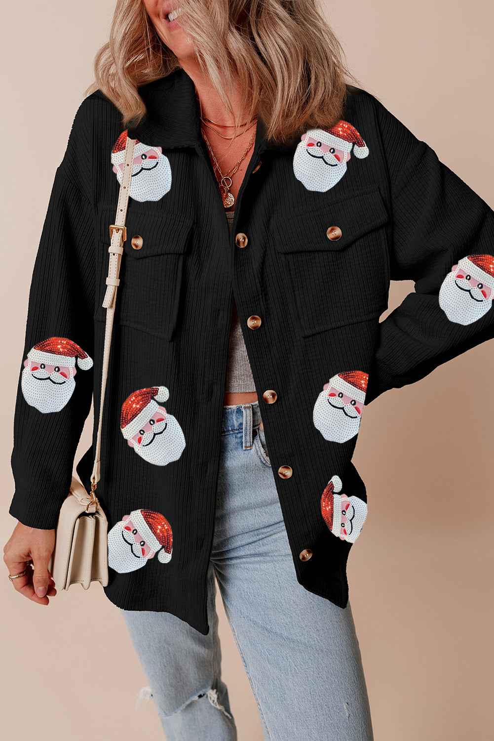 Black Sequin Father Christmas Graphic Button Down Ribbed Shacket Black 75%Polyester+20%Viscose+5%Elastane c89a7331253e13c9