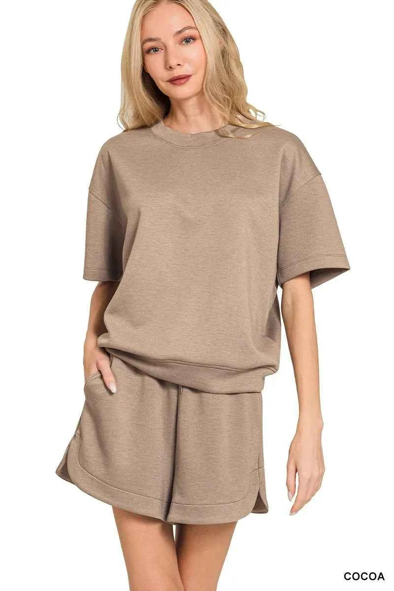 Zenana Scuba Short Sleeve Top & Shorts Set COCOA c89c0eea62584541b9f58ab025530e6d-Max-Origin