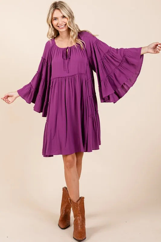 Mittoshop Frill Tie Neck Bell Sleeve Dress c8a04bdf-4afe-41b0-9999-a951b7458df2-Max