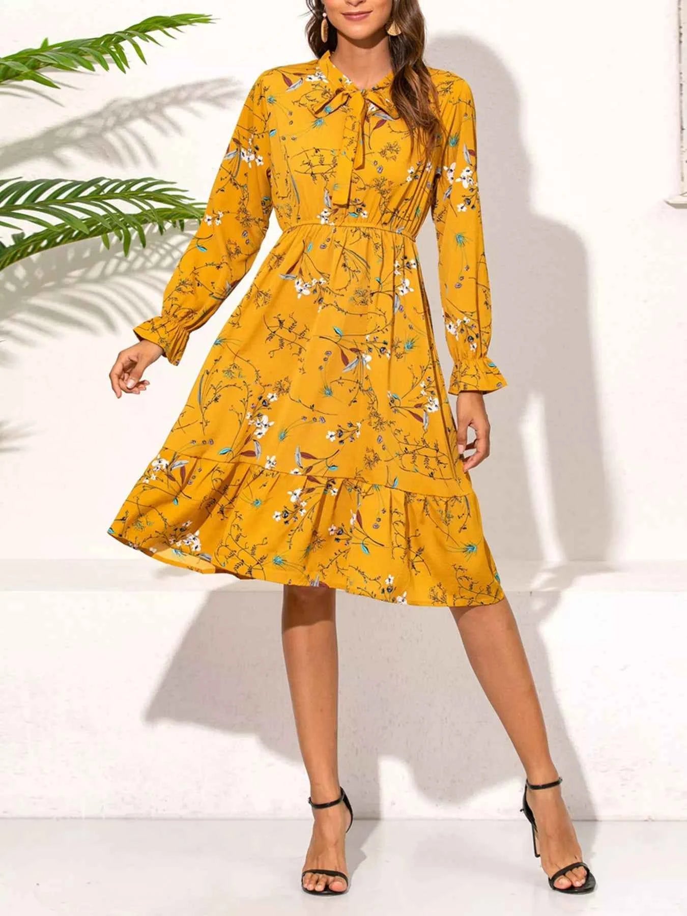 Ruffled Hem Floral Print Long Sleeve Dress c8a4711a-6157-4892-ac2f-35f9827a2aaa-Max-Origin