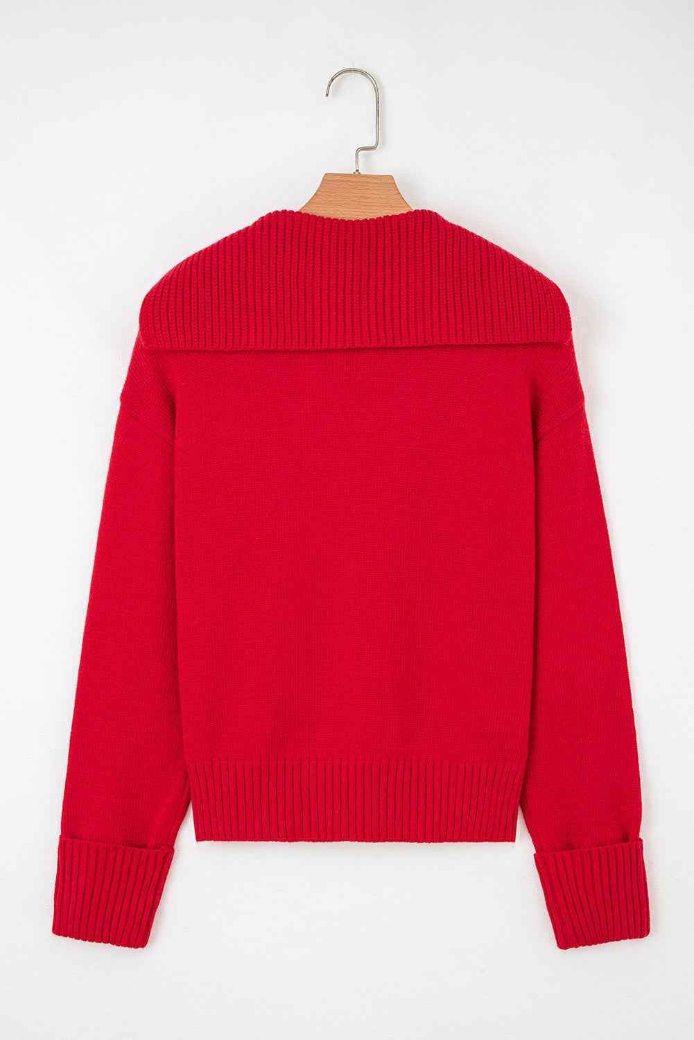 Racing Red Ribbed Edge Collared V Neck Loose Fit Sweater c8a4d42ca3b4724a