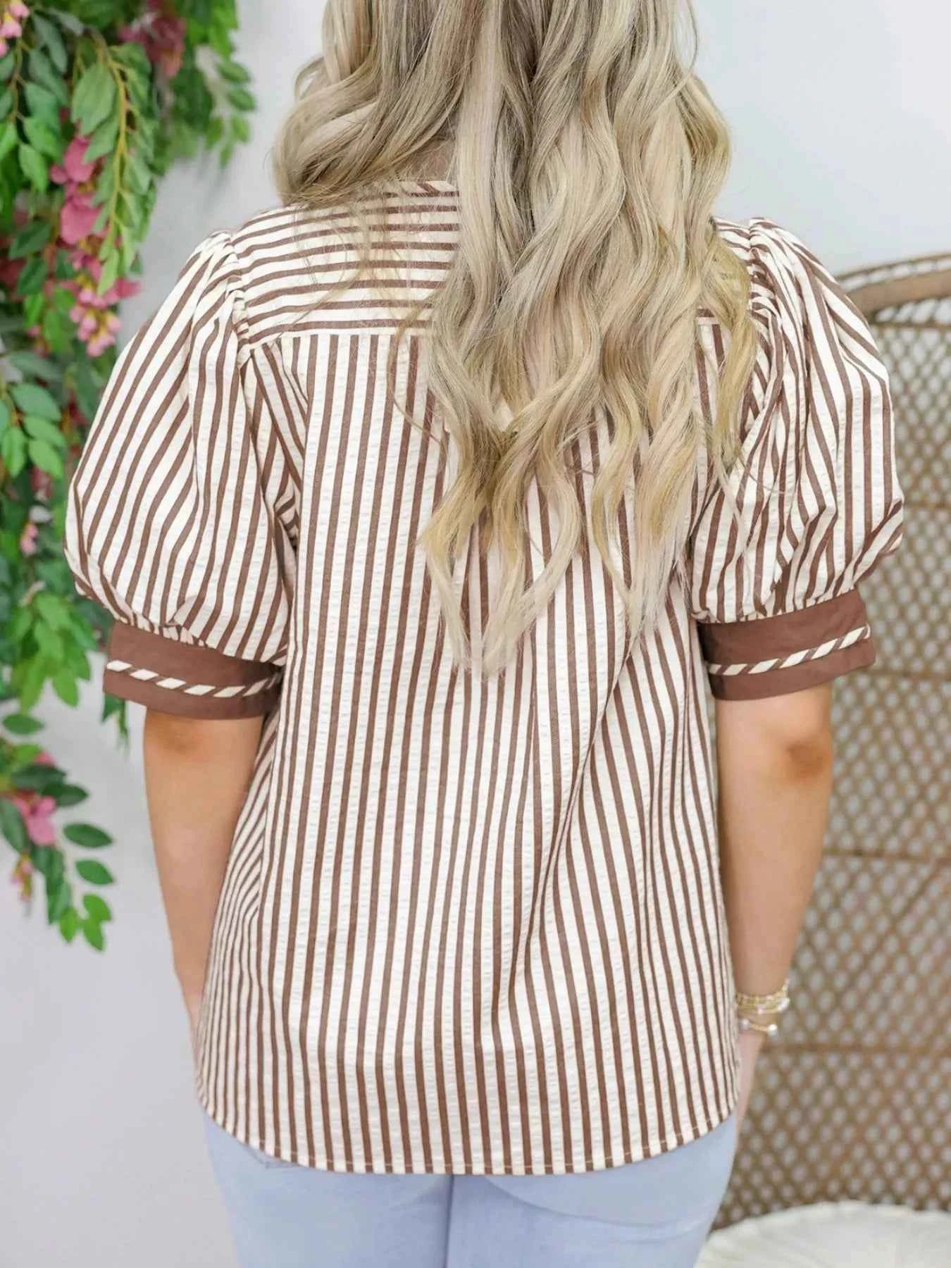 Stripe Collared Split Neck Short Bubble Sleeve Blouse