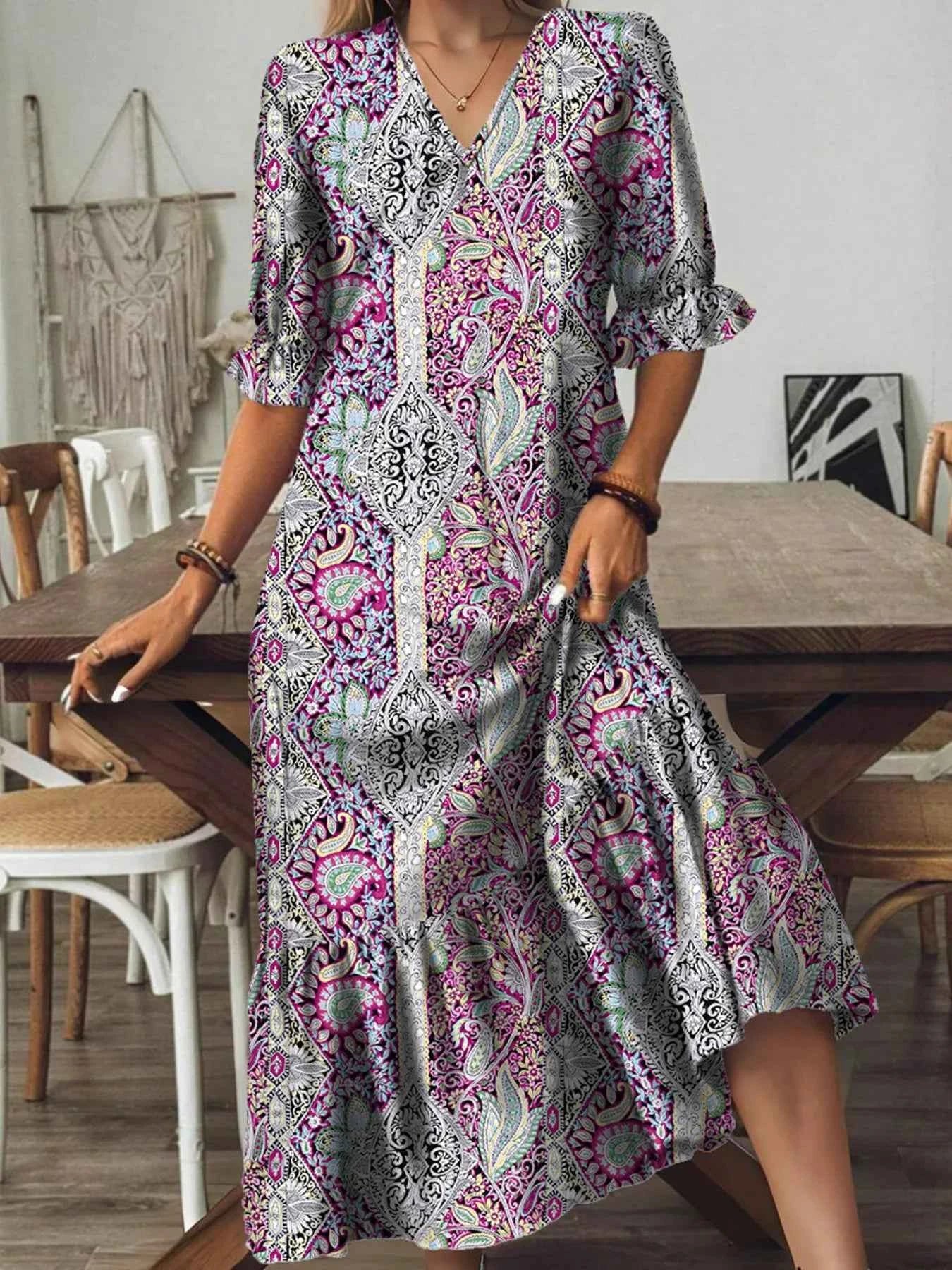 Full Size Bohemian Paisley Print V-Neck Midi Dress Plus Size