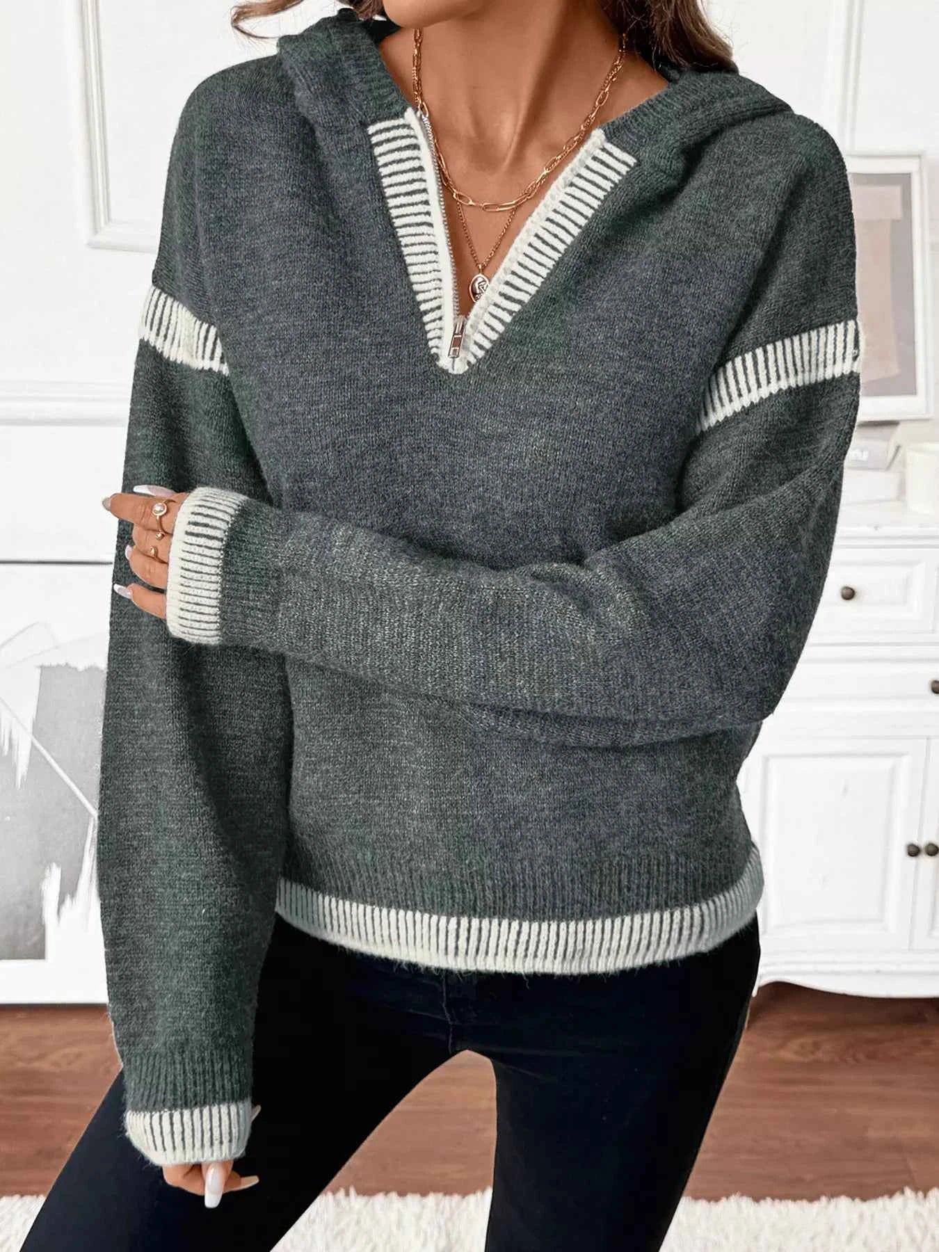 Contrast Trim Quarter Zip Hooded Sweater c8b0e306e76040f086c03df550e2dee5-Max-Origin