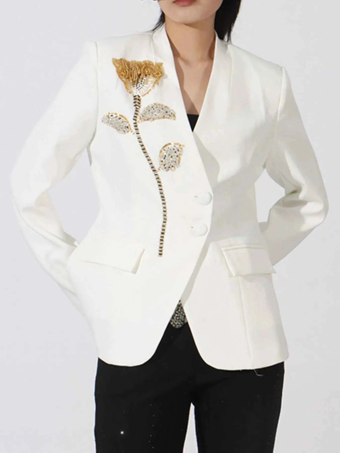 Flower Button Front Long Sleeve Blazer White c8b389f4-8fa8-4a88-aac2-0bc202b45456-Max-Origin