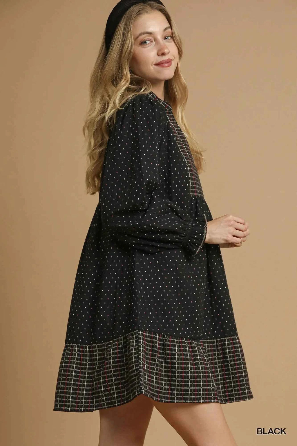 Umgee Polka Dot Plaid Trim Babydoll Dress c8bb83bf-be6b-474a-9bc5-860dd581a035-Max-Origin