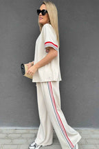 Jet Stream Contrast Striped Trim Crewneck T Shirt Loose Straight Pants Set c8c03d763e5eb676