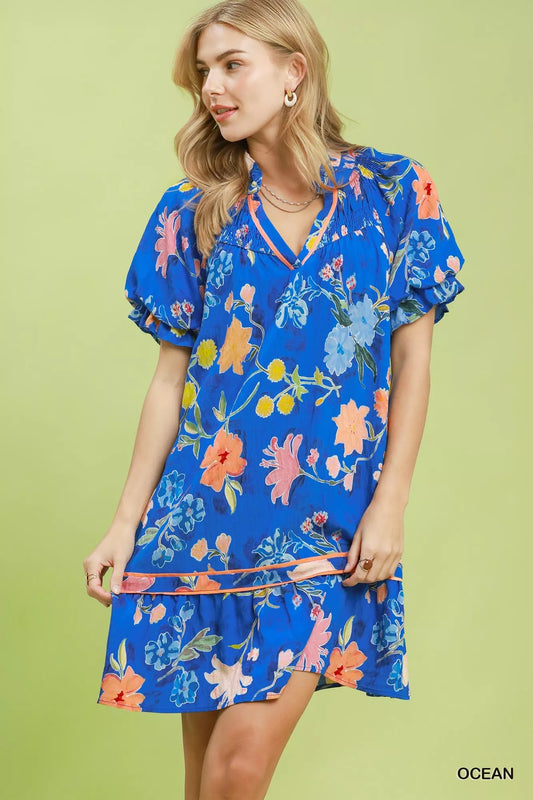 Floral Ruffle Hem Mini Dress OCEAN c8c08da9-dffe-4737-8669-ea8a28f38ca7-Max-Origin