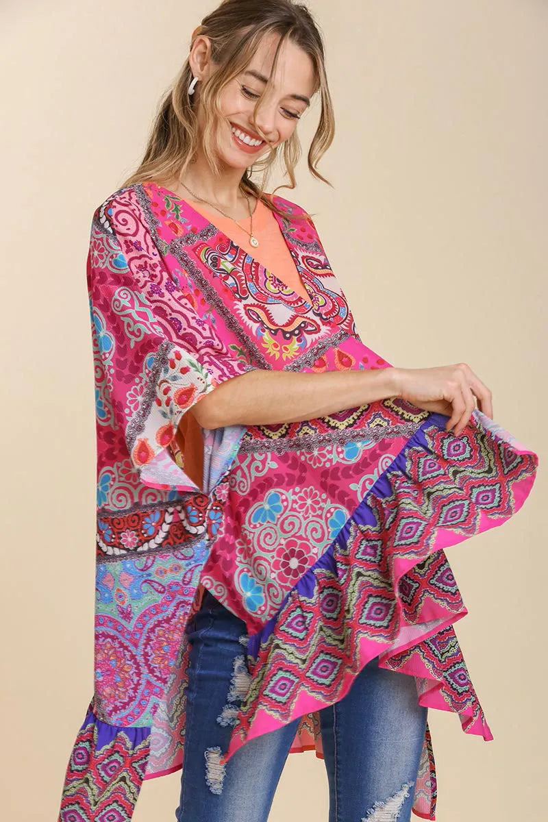 Umgee Full Size Mixed Print Ruffle Hem Open Front Cover Up Plus Size Hot Pink c8cdf0cb-8a11-4b74-a282-cae2854e9541-Max