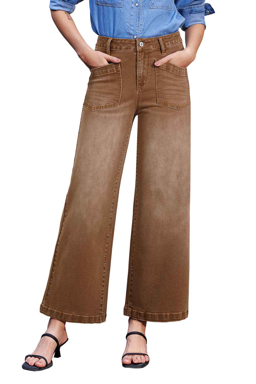 Brown Minimalist Patch Pocket High Waist Shift Jeans c8ced414a0454209