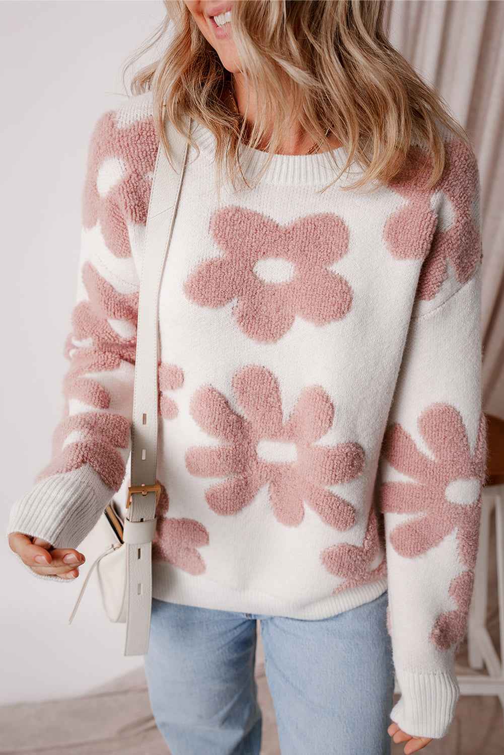 White Vintage Flower Drop Shoulder Loose Sweater c8d28174e788de2b