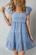 Sky Blue Floral Print Square Neck Flutter Sleeve Smocked Tiered Mini Dress Sky Blue 100%Polyester c8d40ee2d43eb959
